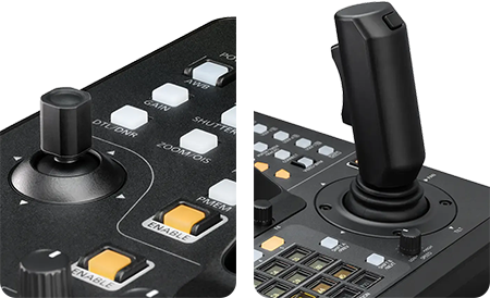 close ups of the dual joysticks on the panasonic remote camera controller