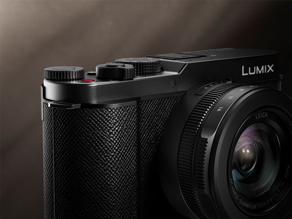 angled view of the Lumix L10 camera showing the saffiano leatherette wrap
