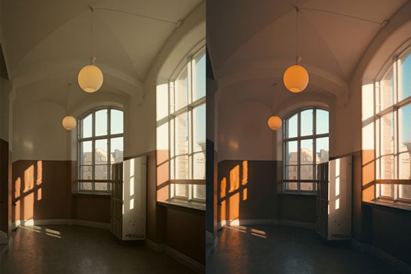 comaprions image of a corridor using real time lut