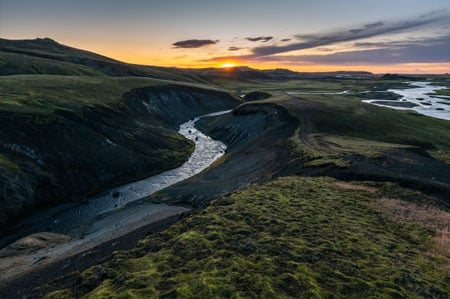 sample photo of a river winding through a valley in Iceland at sunset