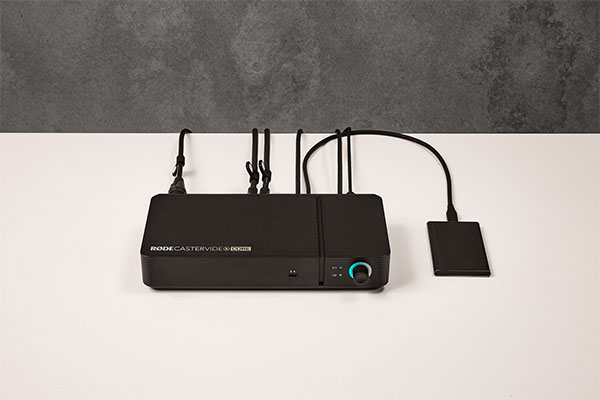 rodecaster video core on a white desk