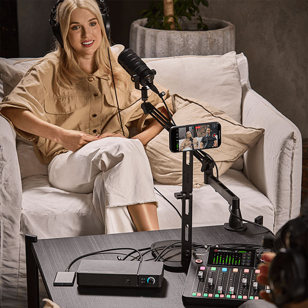 a woman being recorded during an interview using the rodecaster video core