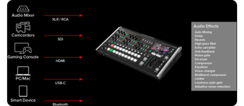 Diagram of Rolan V-160HD panel with audio input sources on black background