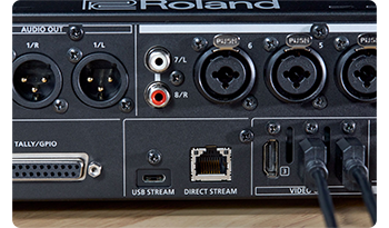 close up of Roland VR-6HD mixer USB-C and RJ45 connections