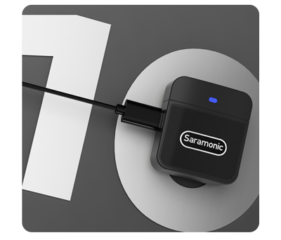 saramonic blink 100 b2 microphone being charged via USB-C with white number ten on the grey background