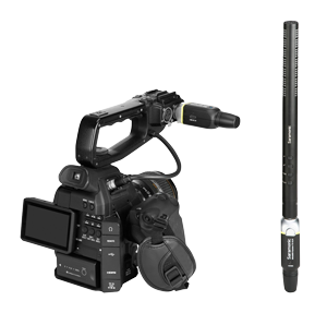 Saramonic Blink 800 B2 5.8GHz Wireless XLR System mounted to a professional camera and microphone