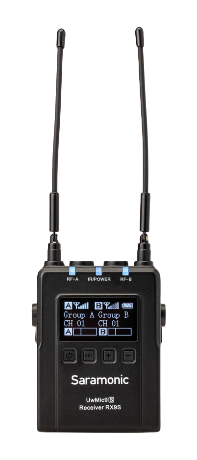 front view of UwMic9S showing the oled screen, Saramonic UwMic9S Kit 2 Advanced 2-Person Wireless UHF Lavalier System