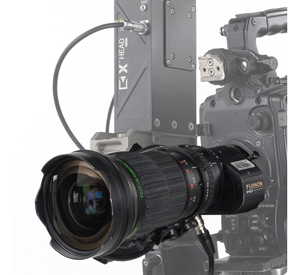 Fujinon broadcast lens mounted to camera on heavy bullhead