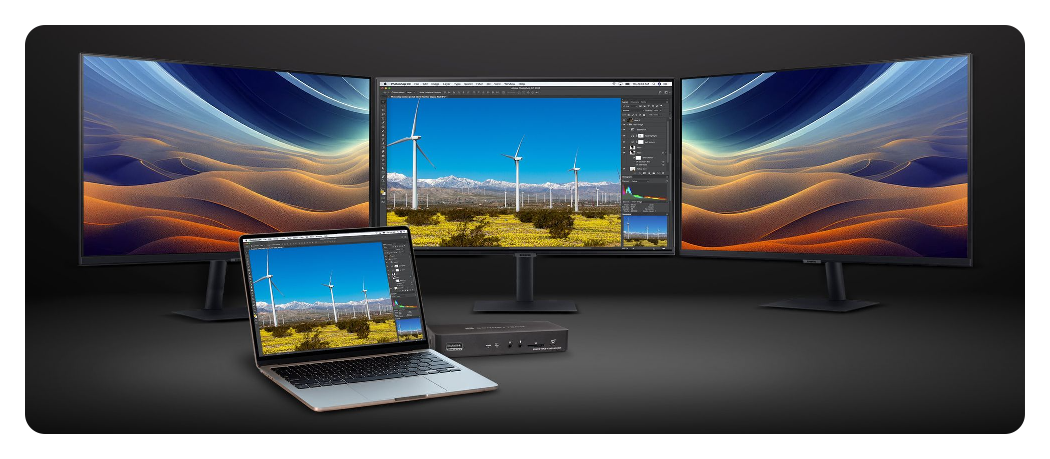 three monitors and a laptop connected to the Sonnet Echo 13 Triple 4K Display Dock, Sonnet Echo 13 Triple 4K Display Dock
