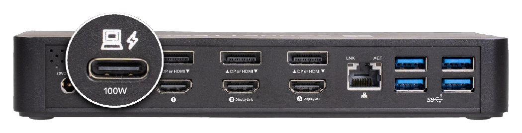 Sonnet Echo 13 Triple 4K Display Dock with close up of the charging port, Sonnet Echo 13 Triple 4K Display Dock