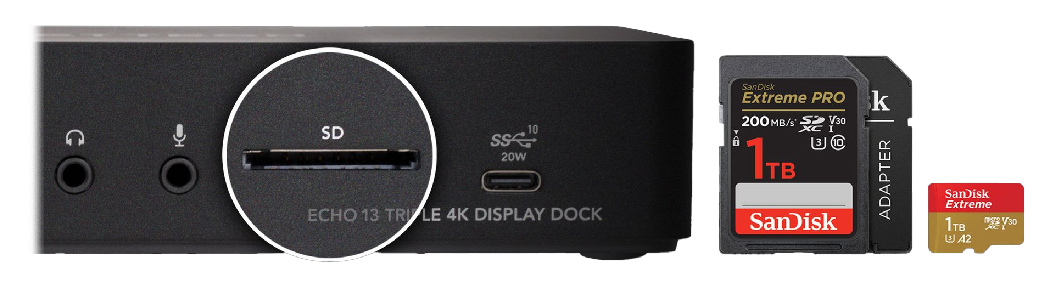 close up of media reader port with sd card and micro sd card with a adapter, Sonnet Echo 13 Triple 4K Display Dock