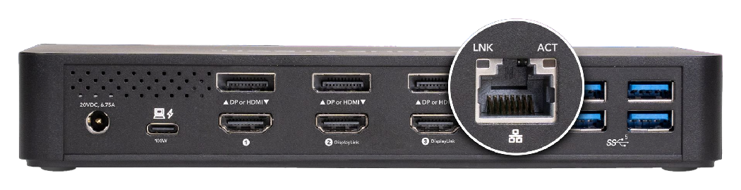 rear view of the Sonnet Echo 13 Triple 4K Display Dock highlighting the network port, Sonnet Echo 13 Triple 4K Display Dock