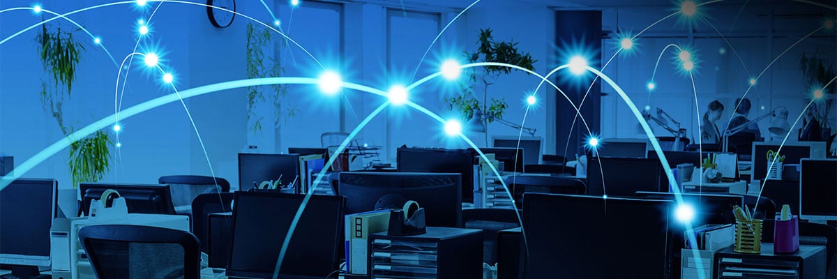 Graphic illustration depicting a high-speed corporate network setup, highlighting the 2.5 Gbps Ethernet connectivity features of the Sonnet Echo 13 Thunderbolt 5 SSD Dock