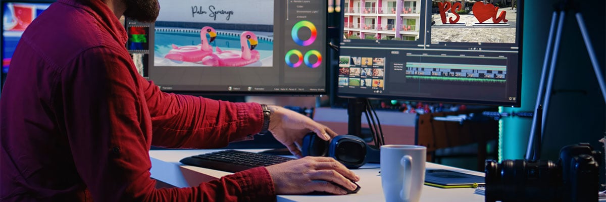 Man editing video at desk with two computer screens showing Sonnet Echo 13 Thunderbolt 5 SSD Dock internal expansion capabilities