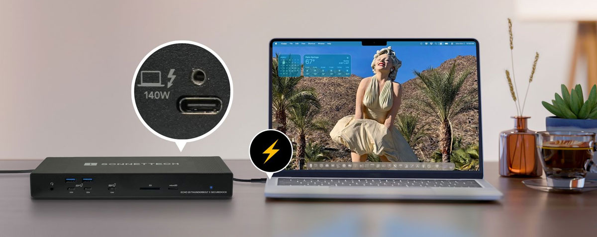 echo 20 dock connected to a laptop with a close up of the thunderbolt port