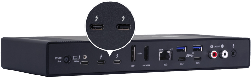 echo 21 dock with a close up of the thunderbolt 5 ports