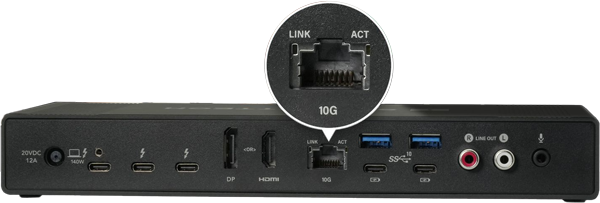echo 20 dock with a close up of the 10gbase-t port