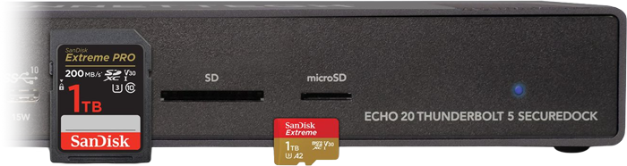 close up of the echo 20 docks sd and microsd slot with cards next to them