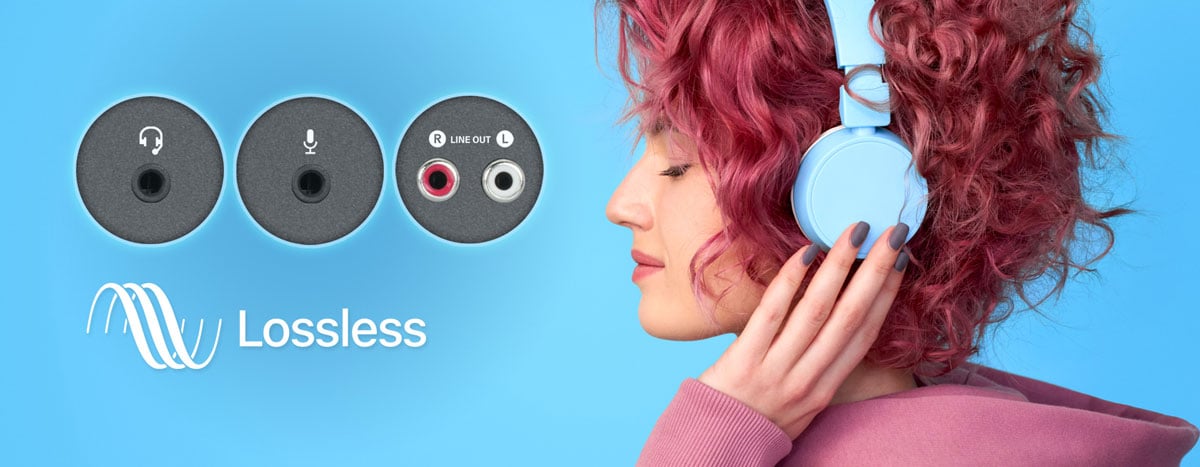 close ups of the audio jacks and woman with pink hair wearing blue headphones on a blue background