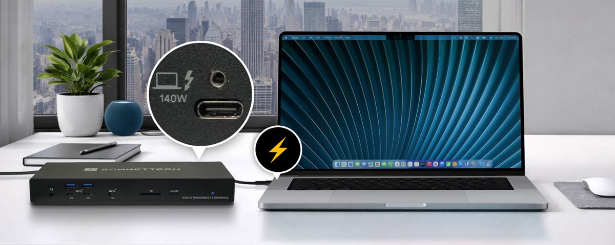echo 21 dock charging a laptop on a white office desk