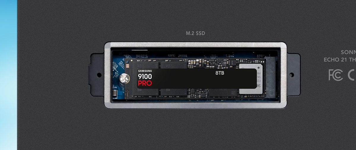 close up of the sonnet thunderbolt 5 dock ssd expansion slot on the bottom