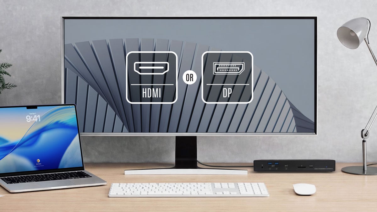 echo 21 dock connected to a monitor on a light wood desk
