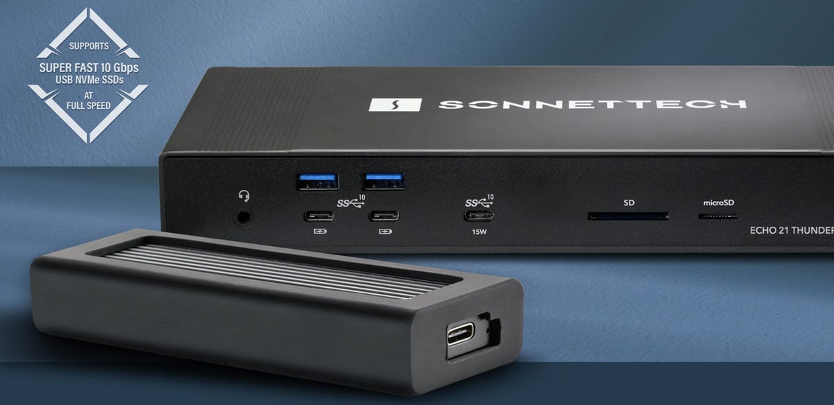 echo 21 dock on a dark blue stand with a portable ssd