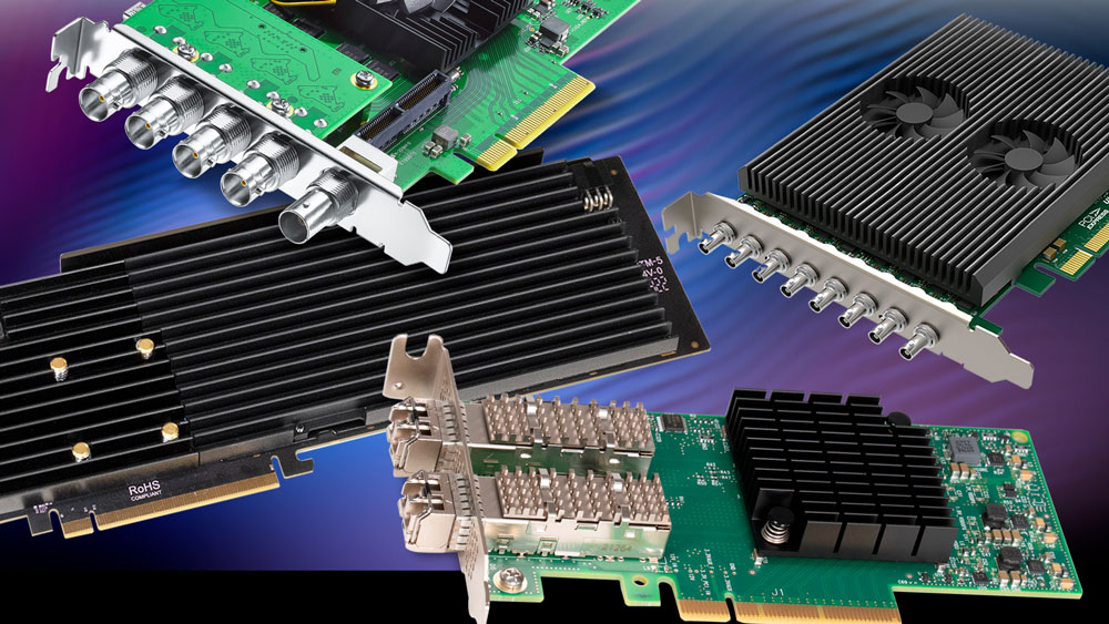 a selection of compatible thunderbolt cards on a blue and purple gradient background