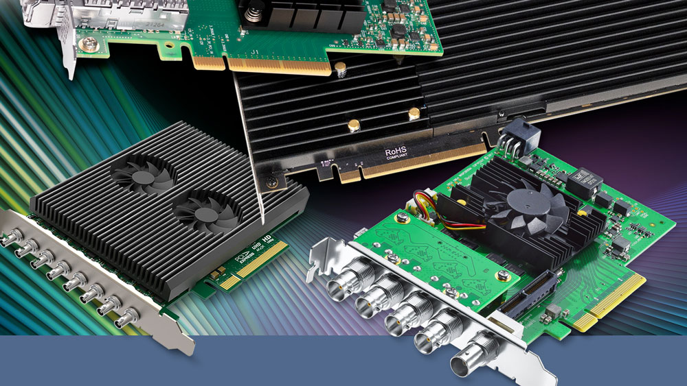 a selection of compatible thunderbolt cards on a blue and purple gradient background