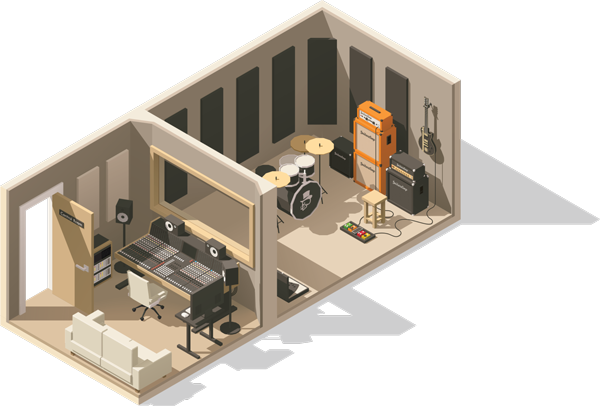 Isometric recording studio vector illustration showing a control desk and live room with drums and amplifiers