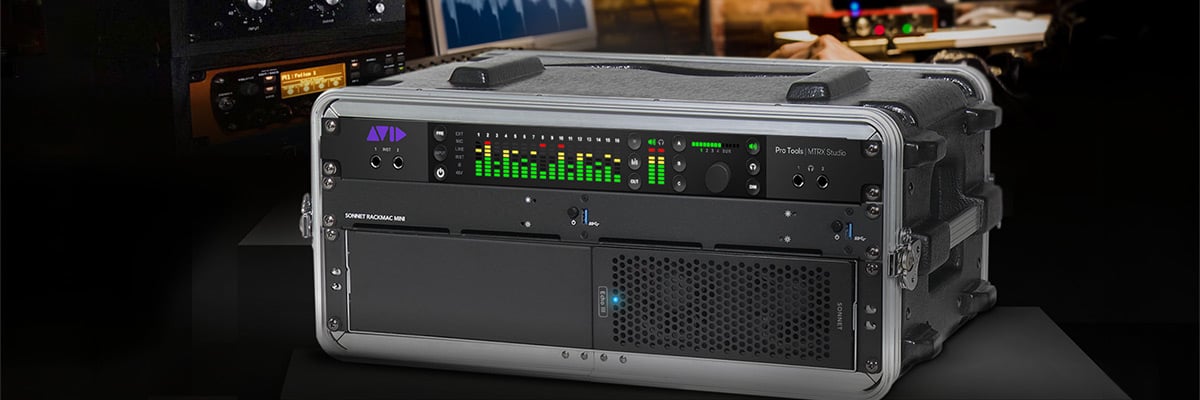 Avid Pro Tools MTRX Studio audio interface and Mac Studio computer housed in a Sonnet xMac Studio rackmount travel case
