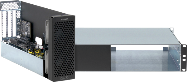 Sonnet DuoModo Echo III PCIe expansion module partially slid out of a 2U rackmount enclosure chassis