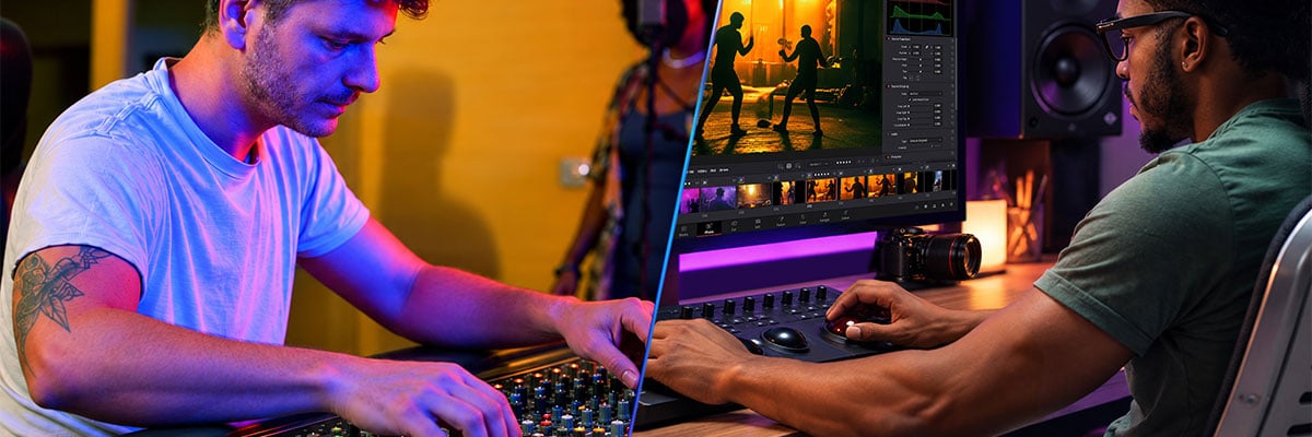 Two video editors and audio engineers working together on a split screen in a professional studio setting