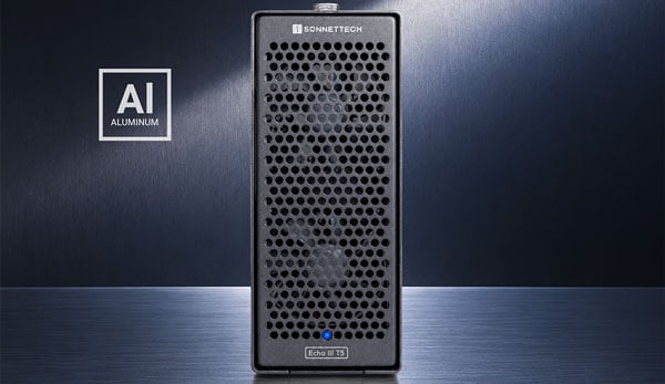 front view of the Sonnet Echo III T5 Desktop on a metal background