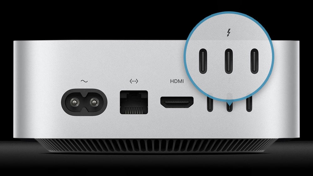 rear view of a mac mini showing the thunderbolt ports