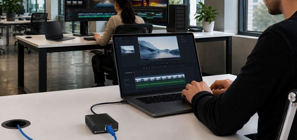 someone working on a laptop connected to the Sonnet Solo10G T5 Thunderbolt 5 Adapter