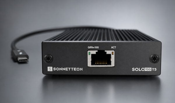 Sonnet Solo 10G Thunderbolt to 10GbE Adapter with close up of the ethernet port