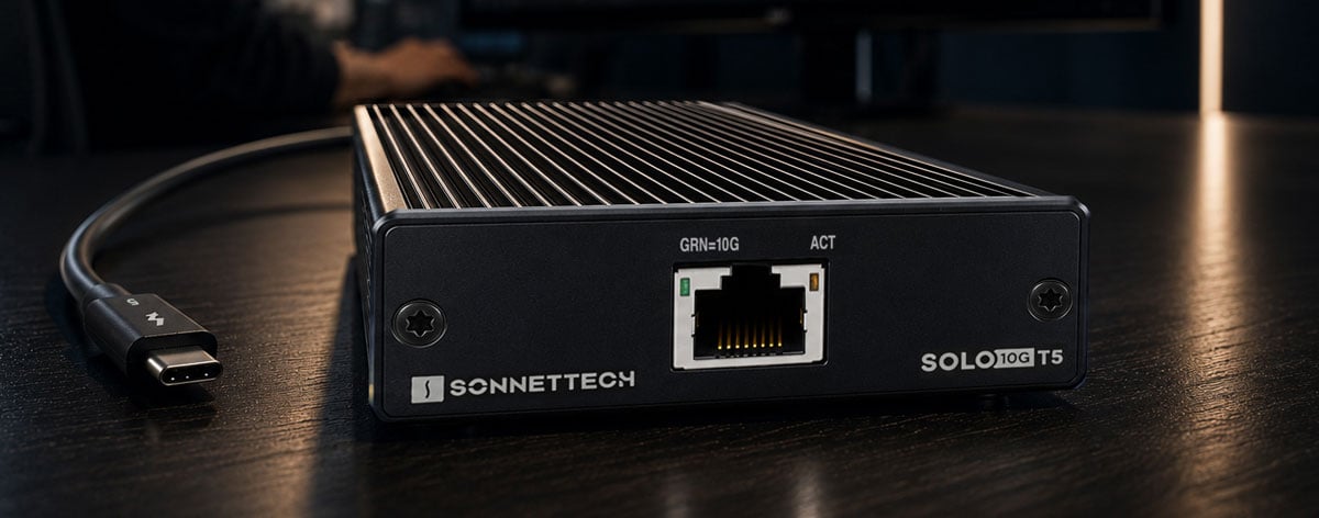 Sonnet Solo10G T5 high-speed 10GbE network adapter on a desk 