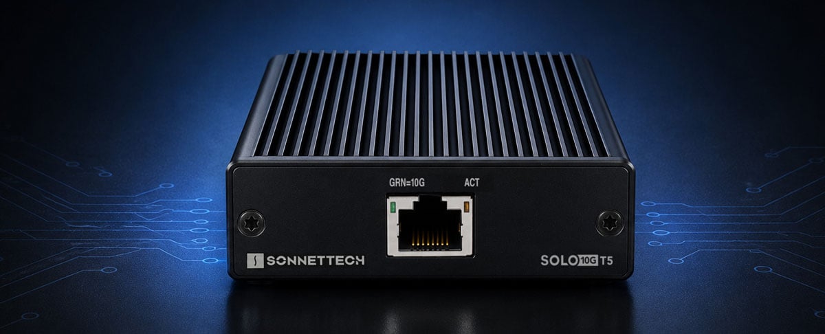 close up of the solo10g t5 adapter on a blue circuit board background