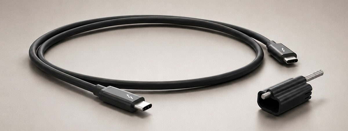 a black Sonnet Thunderbolt 5 cable paired with a Sonnet ThunderLok connector retainer clip