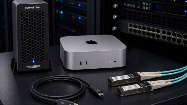 high-speed networking setup featuring the Sonnet Twin25G T5 Thunderbolt 5 Adapter connected to an Apple Mac Studio