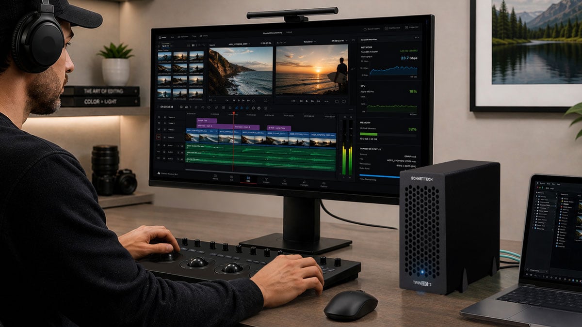 a professional video editing and color grading workspace, highlighted by a Sonnet Echo PCIe Expansion System sitting on the desk alongside a laptop and a large external monitor
