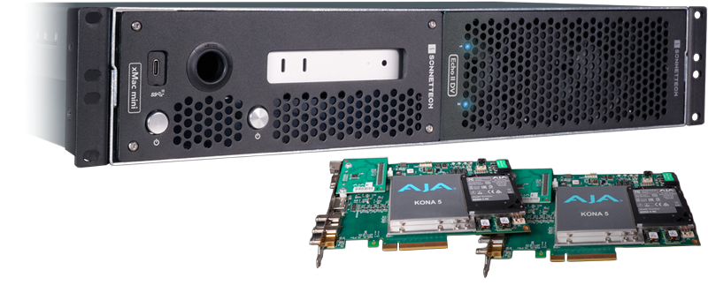 angles front view of the sonnet xmac mini with aja kona 5's