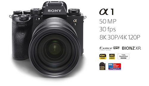 Sony A1 Mirrorless camera with text for key features 50mp 8K Video 30fps