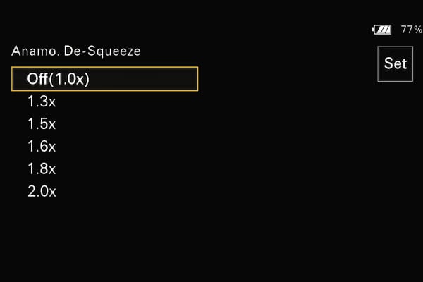 sony fx5 de-squeeze menu interface