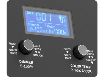 Close up image of LCD display and control dials on back of Swit LED panel light