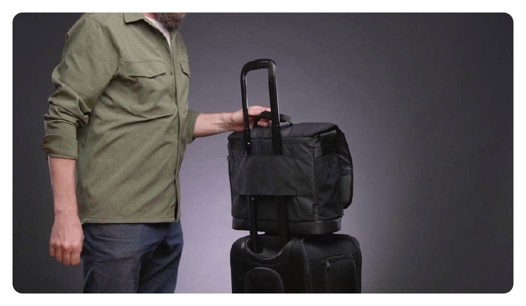 the tenba messenger bag attached to a trolley with a strap