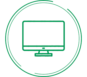 green graphical icon of monitor in green circle