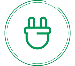green graphical icon of power plug in green circle