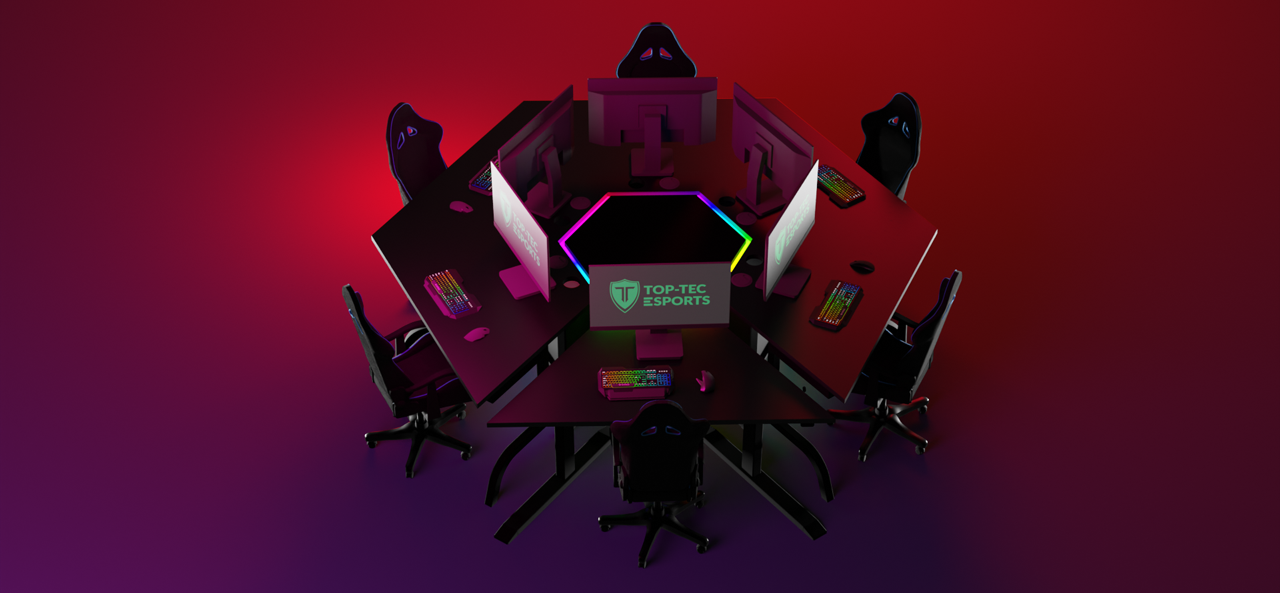 rendered image of TOP-TEC Warrior Esports Cluster Furniture with complete gaming setups on Red and purple background
